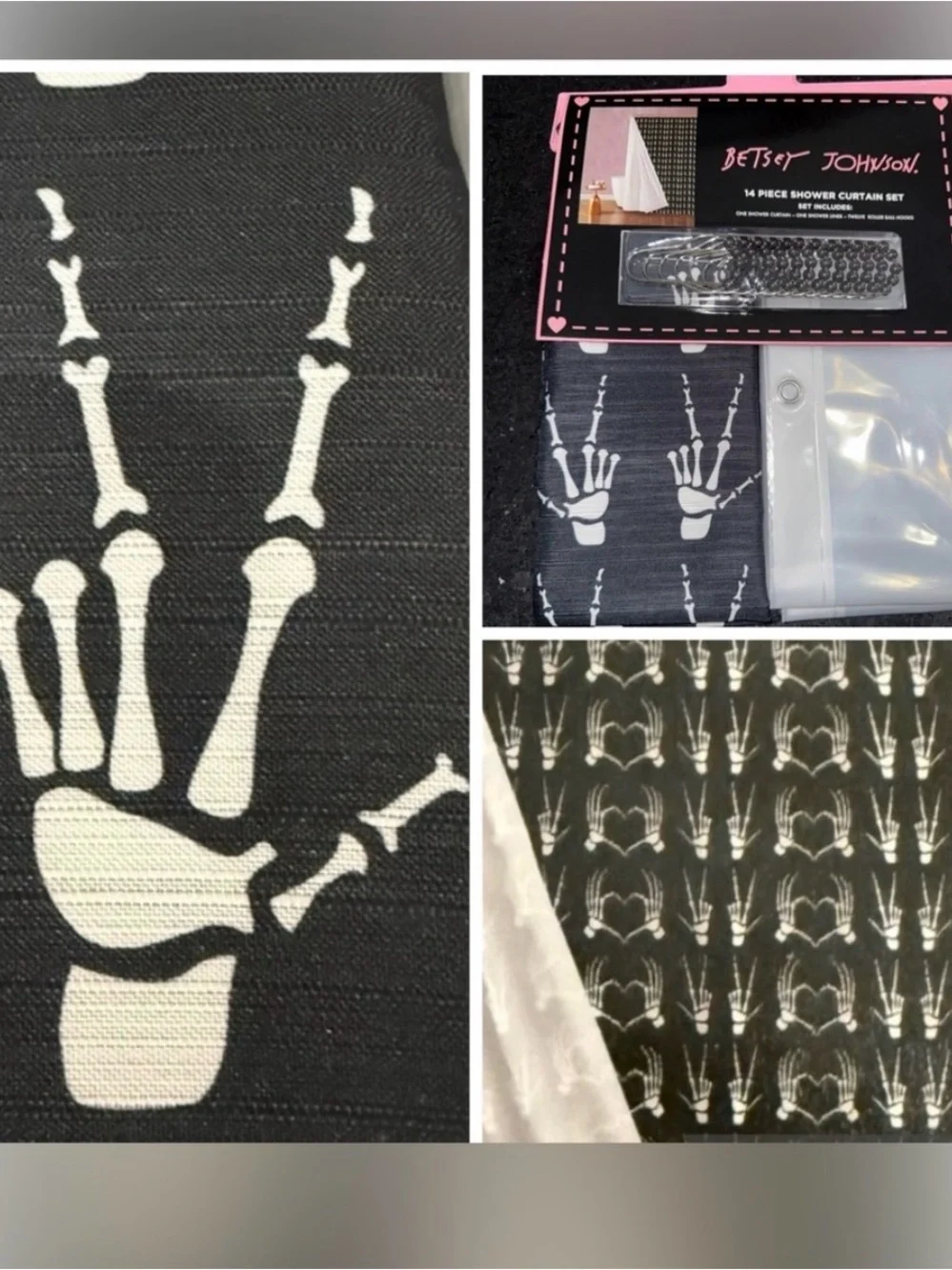 NEW Betsey Johnson Black & White Skeleton Hand Heart & Peace Bath Mat RUG 29x32”
